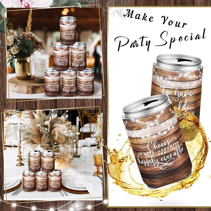 Qinyoung 50 Pieces Wood Grain Wedding Can Cooler Bulk Engagement Party Favors for Guests Cheers to Love and Happily Ever After Rehearsal Dinner Decorations for Wedding Bridal
