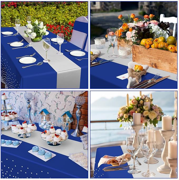 24 Pack Blue and Silver Tablecloth and Table Runner Party Decorations, Blue and Silver Plastic Disposable Tablecloth and Satin Table Runner for Wedding Birthday Bridal Graduation Anniversary Party