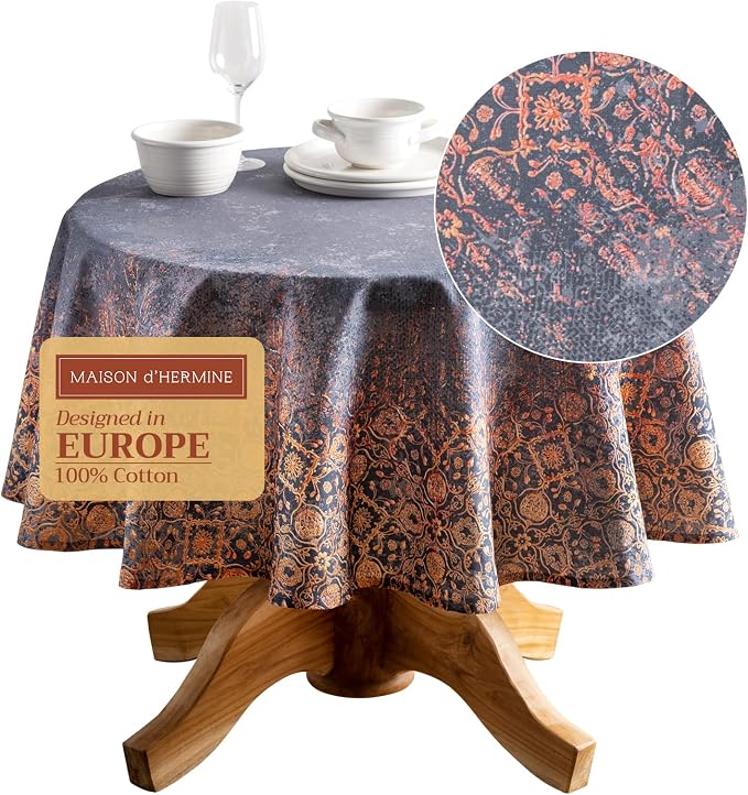 Maison d' Hermine Table Cloth Round Table 100% Cotton 63 Inches Fall Tablecloth Reusable Everyday Use for Thanksgiving Christmas Decorations Dining Farmhouse Party (Imperfection)