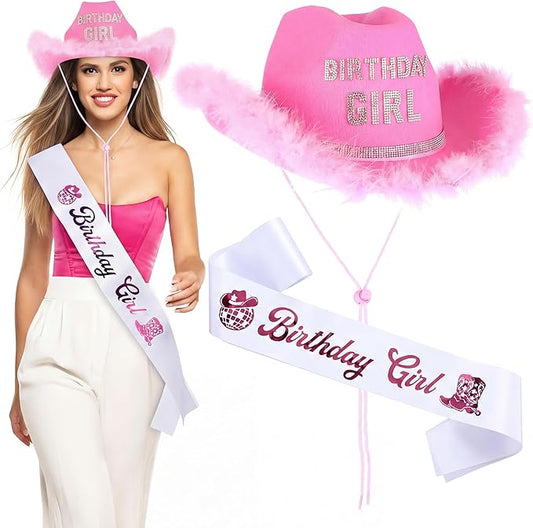 Chicingyou Birthday Girl Cowgirl Hat and Sash for Women Disco Birthday Gift Party Decorations Cowgirl Hot Pink Cowboy Hat for Western Cow Theme Rodeo Retro Horse Party Favors