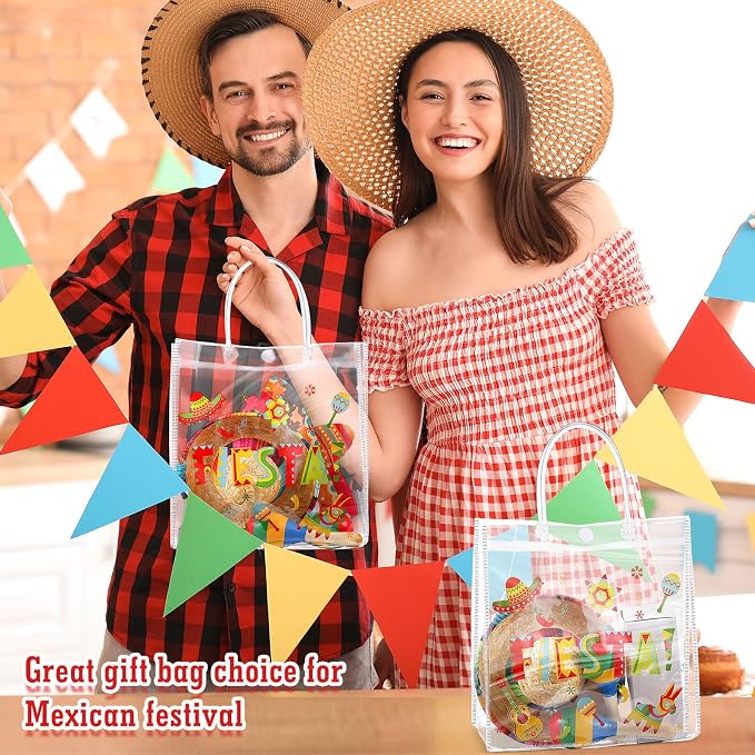 Hosuly 24 Pcs Mexican Fiesta PVC Treat Bags with Handles Reusable Fiesta Clear Plastic Gift Bags Cinco De Mayo Candy Goodie Handbags Taco Bar Favors Decor for Mexico Party Supplies