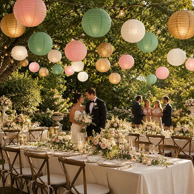 ADLGG 21 Pcs Paper Lanterns Decorative Sets - Sage Green, Pink, Brown Round Hanging Lanterns for Greduation, Woodland Birthday, Neutral Baby Shower, Boho Bridal Shower, Rustic Wedding Party Decor
