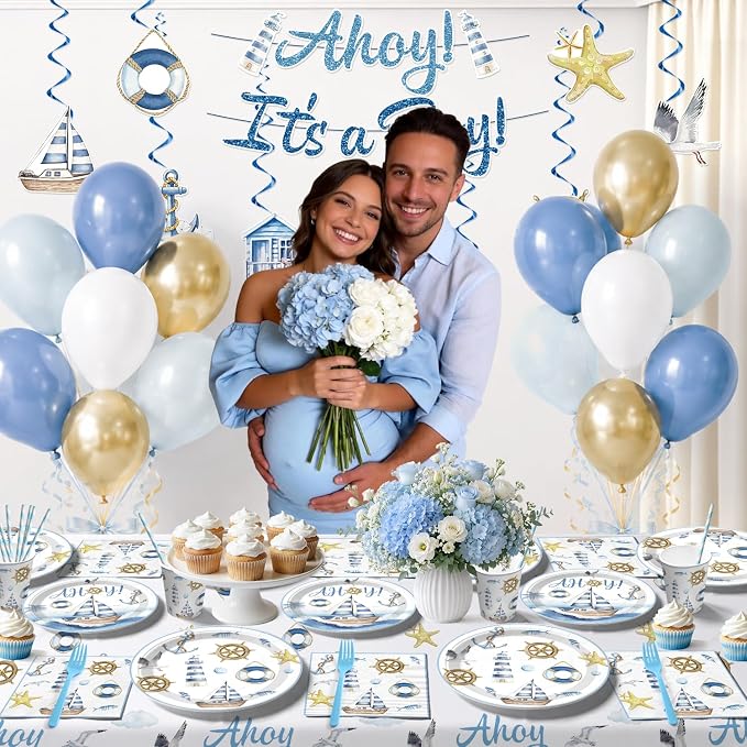 Xynic 205Pcs Ahoy Its a Boy Baby Shower Decorations Set - Serves 25 - All-in-One Nautical Party Decorations Kit with Balloons, Banner, Cake Topper, 350gsm Plates, Tablecloths, Backdrop