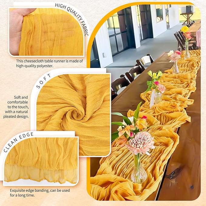 18 Pack Cheesecloth Table Runner 10FT Gold Table Runner Boho Gauze Cheese Cloth Table Runners Long Rustic Sheer Table Decorations for Wedding Party Baby Bridal Shower Birthday Holiday Home
