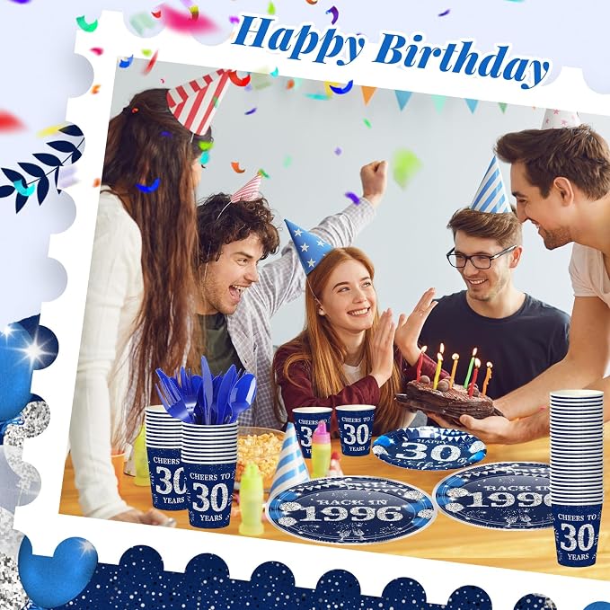 240 Pcs 30th Birthday Decorations 1996 Birthday Party Tableware Include Plates Napkins 9oz Cups Cutlery 30th Anniversary Party Supplies for Men Women Him Her, Serve 30 Guests (Blue Silver)