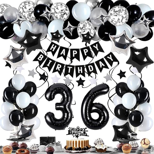 36th Birthday Decorations for Men Women, Black White and Silver Happy 36 Party Decor Set with 36 Number Foil Balloons, Banner, Cake Topper for Him Her