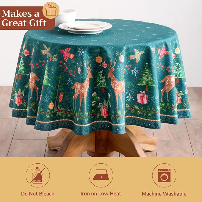 Maison d' Hermine Table Cloth Round Table 100% Cotton 63 Inches Fall Tablecloth Reusable Everyday Use for Thanksgiving Christmas Decorations Dining Farmhouse Party (Hygge Christmas)
