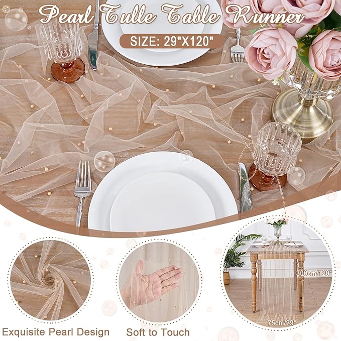 LuoluoHouse Pearl Table Runner Wedding Decor: 10ft Pearl Table Cloth 29x120 Inch Tulle Chiffon Fabric for Decortions Birthday Party Dining Table Cover (Tan,1pcs)