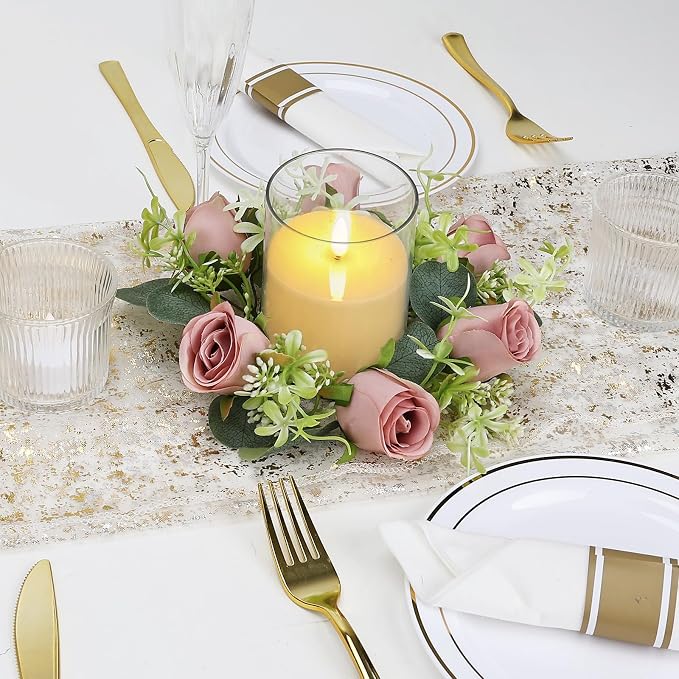 4 PCS Candle Rings - Pink Artificial Roses Rings with LED Flameless Candles Eucalyptus Leaves Wreaths for Wedding Home Centerpieces Banquet Tables Doors Decor, Dusty Pink, 2 Sets