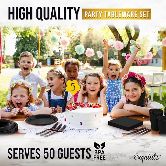 350 Pcs Black Plastic Plates For Party, Black Disposable Plates Set, 50 Of Each 9" Dinner Plate Set, 7" Dessert Plate, Cups, Napkins & Cutlery Plastic Dinnerware Set Exquisite