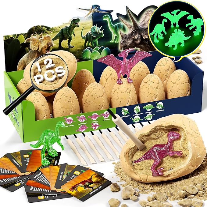 12 Glow in The Dark Dinosaur Eggs, Dig Kit Toys for Kids, Dinosaur Eggs Excavation Kit with Magnifier, Easter Basket Stuffers, STEM Party Favor Gifts for Boys Girls Age 3 4 5 6 7 8 9 10 + Years Old