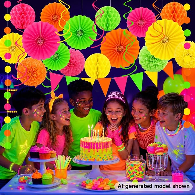 24 Pcs Neon Party Decorations Glow in the Dark Party Supplies | UV reactive fluorescent paper in pink, orange, yellow and green; paper fans, pom poms, honeycomb balls, banner and garland