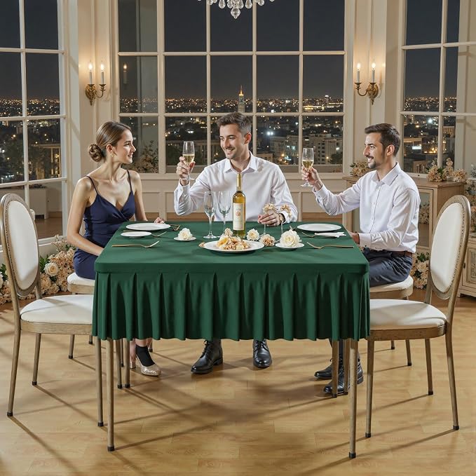 Shillance 34x34 Inch Green Spandex Square Tablecloth,Wrinkle Free Green Fitted Table Cloth for Square Tables,Washable Pleated Table Cover for Wedding Birthday Cocktail Party Buffet Dinner Camping