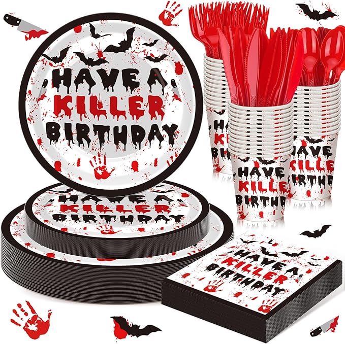 168 Pcs Have a Killer Birthday gathering Supplies Horror Birthday Tableware Set Bloody Handprint Disposable Paper Plates Cups Utensils Servers 24 for Halloween Spooky Horror Themed