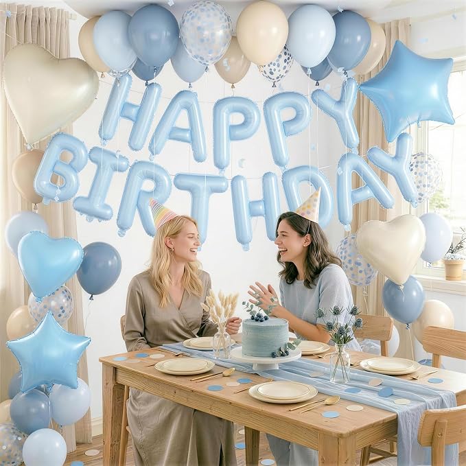 Dusty Blue Birthday Decorations for Boys Fog Baby Light Baby Blue Sand White Balloons Confetti Party Balloon Happy Birthday Banner Heart Balloons 18/10 Inch Star Balloon for Men Bday Party Supplies