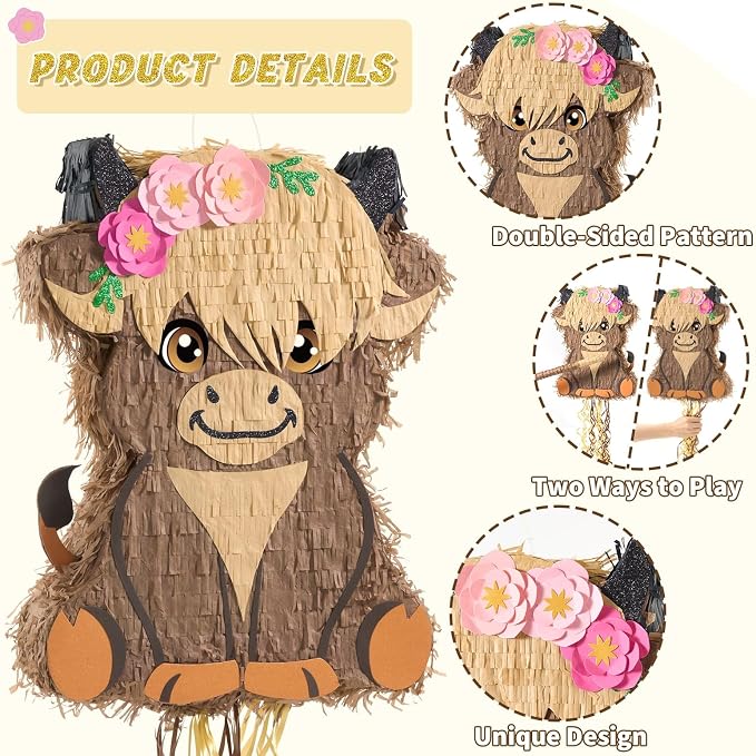 WERNNSAI Highland Cow Piñata - Scottish Cattle Piñata with Blindfold and Bat for Boys Girls Animal Farm Birthday Party Supplies Cute Floral Baby High Land Cow Country Party Favors Gifts Decor