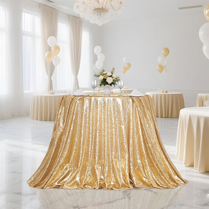 PartyDelight Light Gold Sequin Tablecloth Round 120" Table Linen for Wedding, Banquet, Party