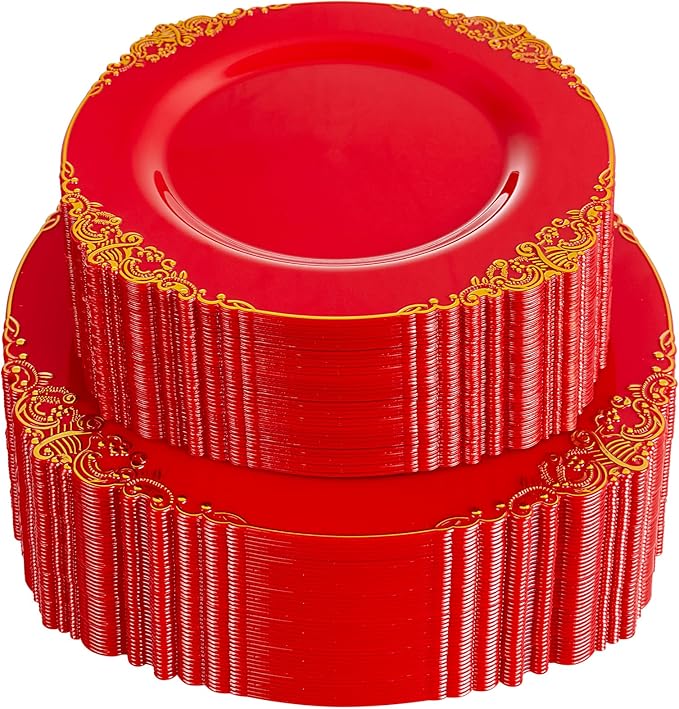 102PCS Red and Gold Plastic Plates - Red Plates Disposable - Vintage Plastic Plate with Gold Rim Include 51PCS Dessert & 51PCS Dinner Plate Perfect for Weddings & Party