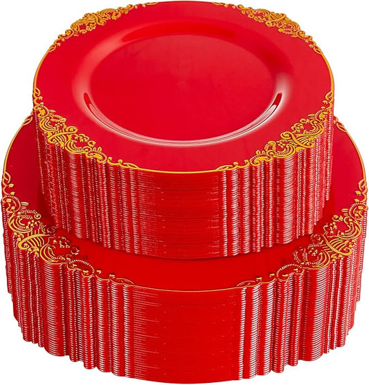 102PCS Red and Gold Plastic Plates - Red Plates Disposable - Vintage Plastic Plate with Gold Rim Include 51PCS Dessert & 51PCS Dinner Plate Perfect for Weddings & Party