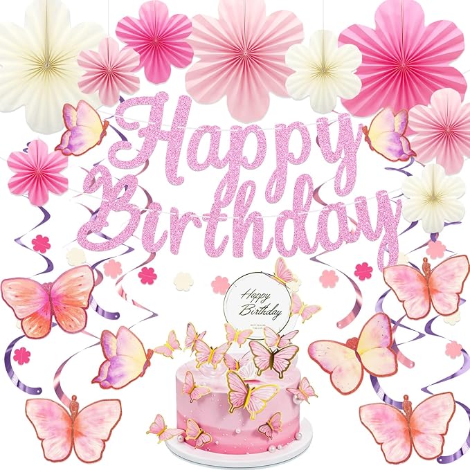 Butterfly Birthday Decorations Party Supplies with Pre-strung Happy Birthday Banner,Flower Garland,Cake Cupcake Toppers,Hanging Swirls, Paper Fan Spring-themed Decor Pack for Women Girls (Pink)