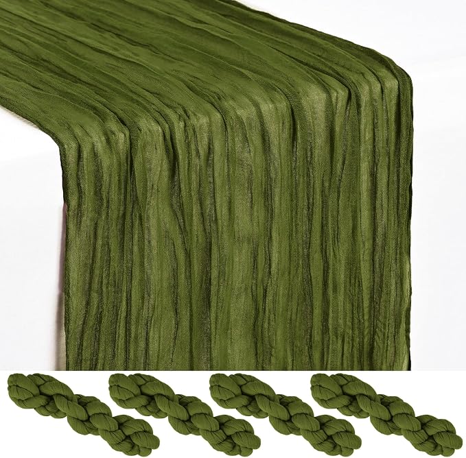 4 Pack Olive Green Cheesecloth Table Runner 17 x 108 inch Boho Gauze Table Runner Rustic Sheer Cheese Cloth Table Decorations for Wedding Party Baby Bridal Shower Birthday Holiday HOM