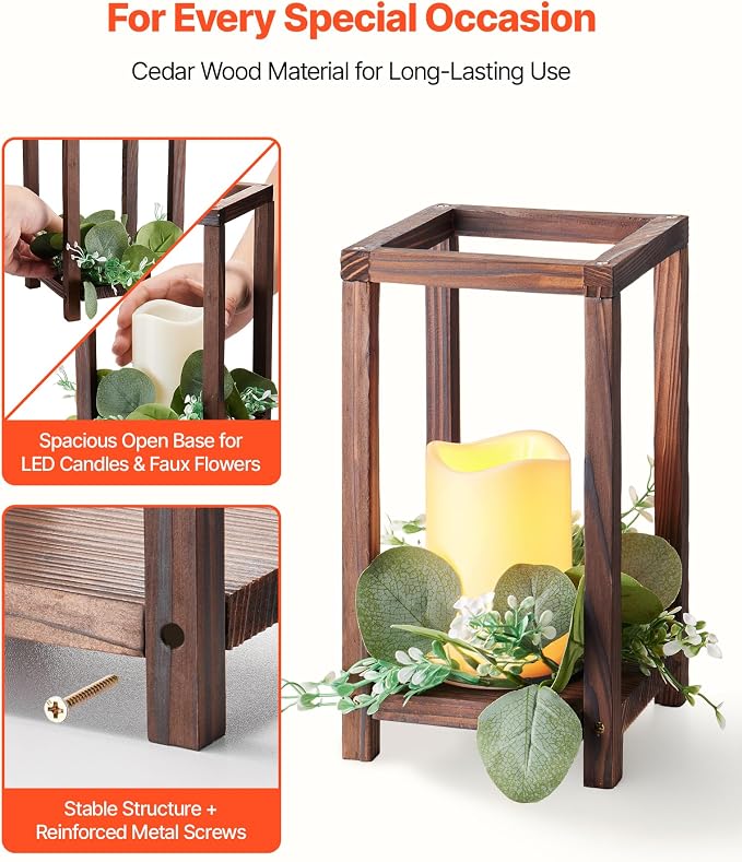 VEVOR 12 Set/36 Pcs Wooden Wedding Lantern Centerpiece, Includes 12 Wooden Lantern Candle Holder 12 Flameless LED Candle 12 Eucalyptus Leaves Wreath for Wedding Table Party Farmhouse Decor, Brown
