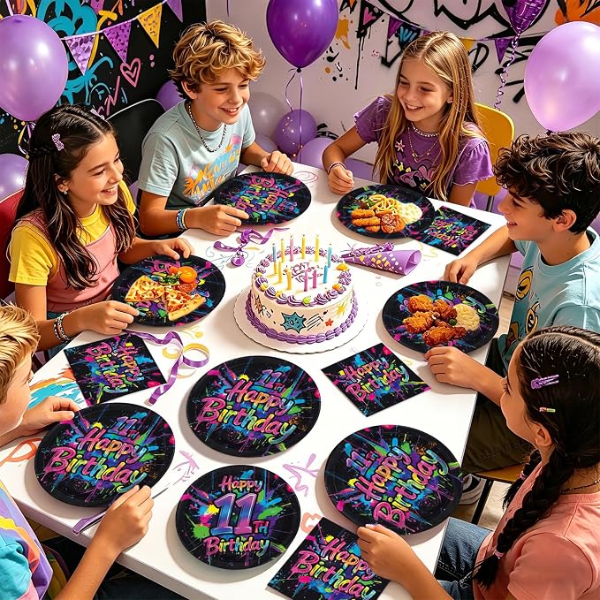 96 Pcs Neon Graffiti 11th Birthday Party Supplies Colorful Paint Splatter Plates and Napkins Neon Splatter Tableware Set for Boys Girls Birthday Retro Paint Party Supplies, Serves 24