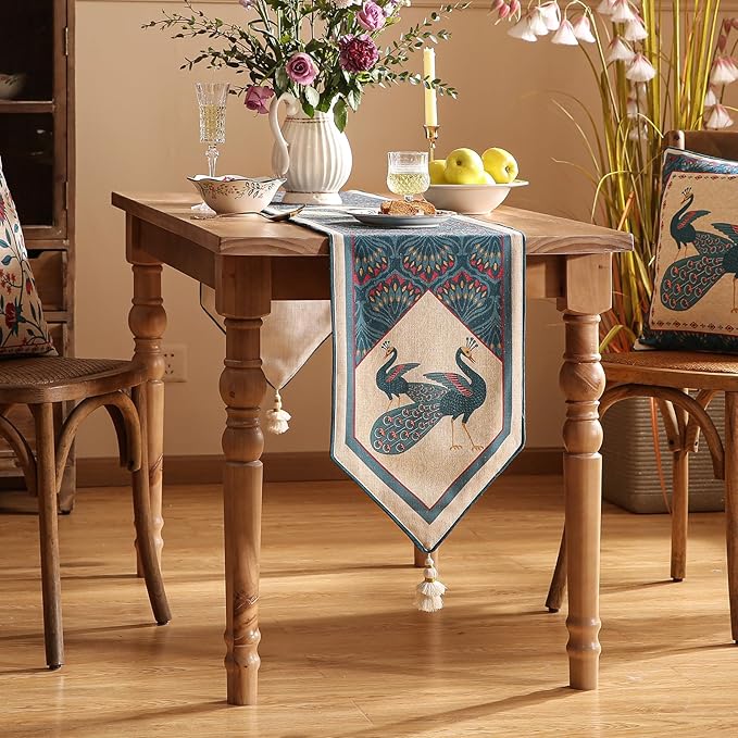 bilin gaier Vintage Blue Peacock Small Table Runner for Table,Decorative Linen 63 Inches Long Table Runners,Decor Tabletop for Kitchen,Dining,Tea Party,Home,Christmas,12"x63"
