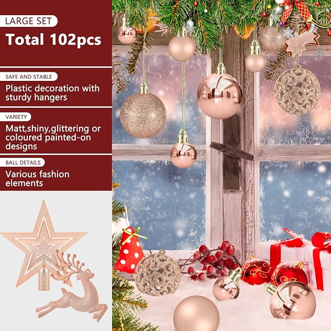 102PCS Assorted Rose Gold Christmas Ornaments,Shatterproof Plastic Christmas Ball Tree Ornaments Set for Tree Decorations