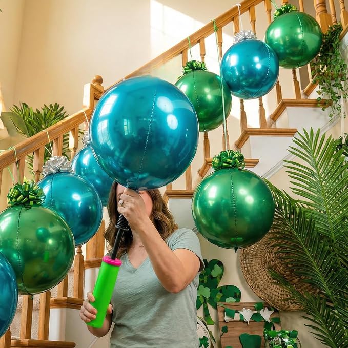 6 Pack Teal Blue & Grass Green 4D Metallic Orb Ornament Balloons with 12 Pull Gift Ribbon Bows – Ceiling Hanging Balloon Set for Jungle Party, Safari Birthday, Summer Party & Tropical Decorations