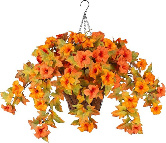Ammyoo Artificial Fake Fall Flowers with Hanging Basket for Outdoor Decoration, Silk Faux Flowers UV Resistant Fake Plants for Home Porch Patio Garden Window Box Autumn Decor Look Real (Orange)