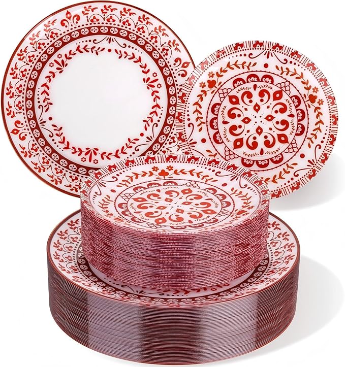 Hioasis 60pcs Red Plastic Plates Set - Floral Red & White Porcelain Design, 10.25" Dinner & 7.5" Dessert Plates Disposable for Christmas (Dishwasher Safe, Traditional Style)