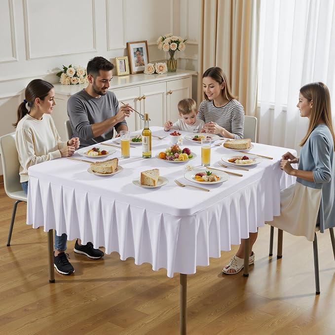 Wish Care 2 Pack White Spandex Tablecloths for 54x54 Inch Square Tables, Stretch Fitted Table Clothes with Pleated Ruffle Skirt for 54” Table, Wrinkle Free and Elastic, for Party Kitchen Home Dining