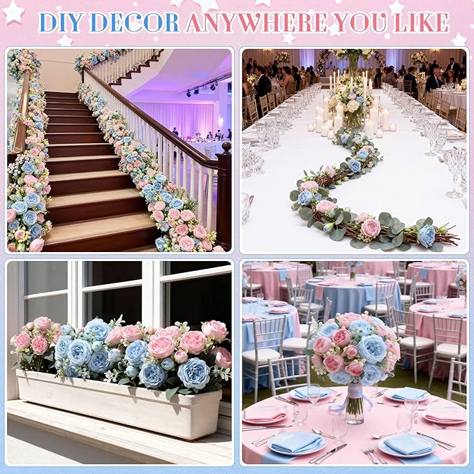 Geosar 16 Bundles Artificial Peonies Flowers Fake Silk Peony Bouquet Faux Peonies Flowers Bulk for Decoration Vase Floral Arrangements Wedding Party Table (Light Pink,Light Blue)