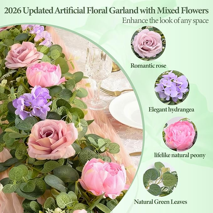 Livole 6 FT Artificial Flower Garland Real Touch Fake Pink Floral Rose Peony Garland with Eucalyptus Flower Hanging Vine for Wedding Table Centerpieces Backdrop Party Arch Home Decorations