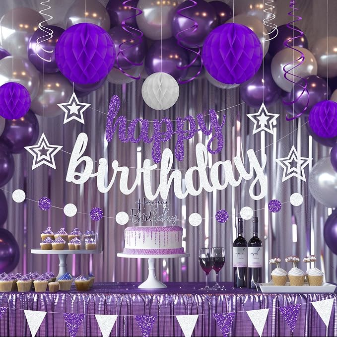 Purple and Silver Birthday Party Decorations Set - Happy Birthday Banner Balloons Foil Curtains Hanging Swirls for Women Girls Birthday Party Supplies