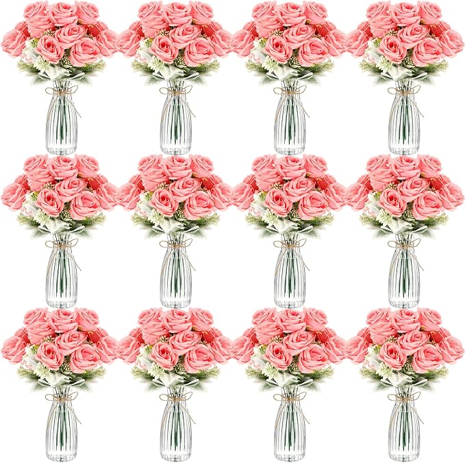 Zeyune 36 Pack Artificial Flowers Centerpiece with Vase Bulk for Wedding Table 24 Bundles Silk Floral Faux Rose Bouquet with 12 Plastic Vase for Bridal Shower Table Decor(Pink)