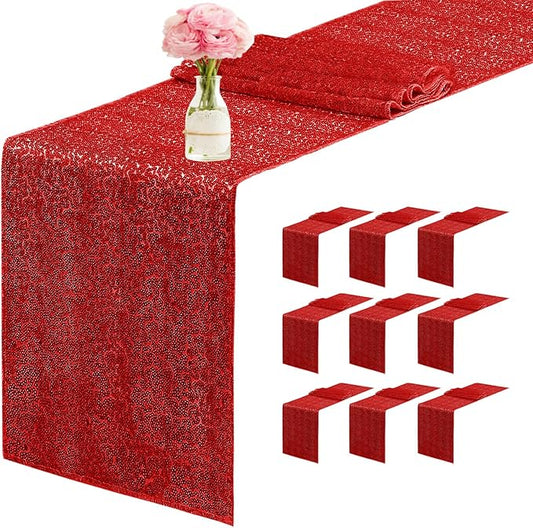 10 Packs 12 x 72 inches Sequin Table Runner, Red Glitter Table Runner for Birthday Party Supplies Wedding Engagement Baby Shower Holiday Celebration Event Decorations