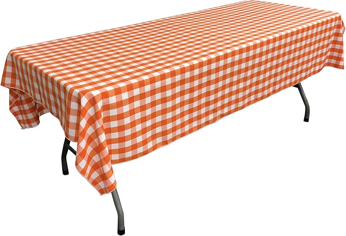 LA Linen Polyester Gingham Checkered 60 by 90-Inch Rectangular Tablecloth, White and Orange