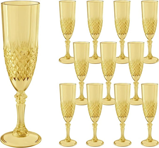 Plastic Champagne Flutes, Champagne Glasses Bulk, Reusable Unbreakable Acrylic Wine Glasses Goblets for Weddings Bachelor Parties Toasting Bridal Shower (12, Gold)