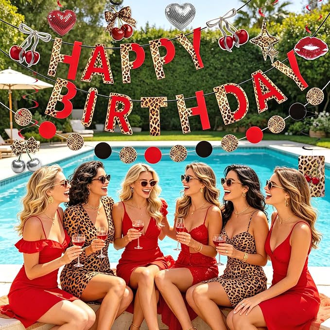 SUNBEAUTY Cheetah Birthday Party Decorations Cherry Cheetah Print Banner Leopard Hanging Swirls with Red and Black Cheetah Party Garland Foil Swirls Ceiling Safari Animal Birthday Party Decorations for Women Girls