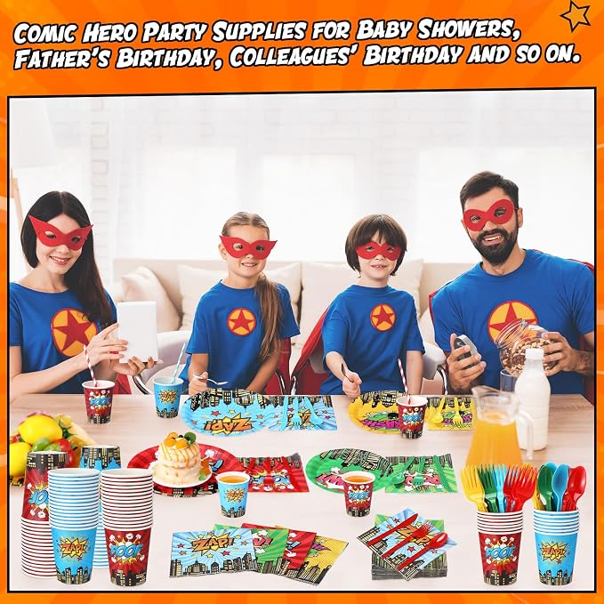 450 Pcs Hero Theme Tableware Set Decorations, Hero Action Themed Disposable Paper Plates Napkins Cups Cutlery Straws for Comic Birthday Baby Shower Party Supplies, Dinnerware Serves 50
