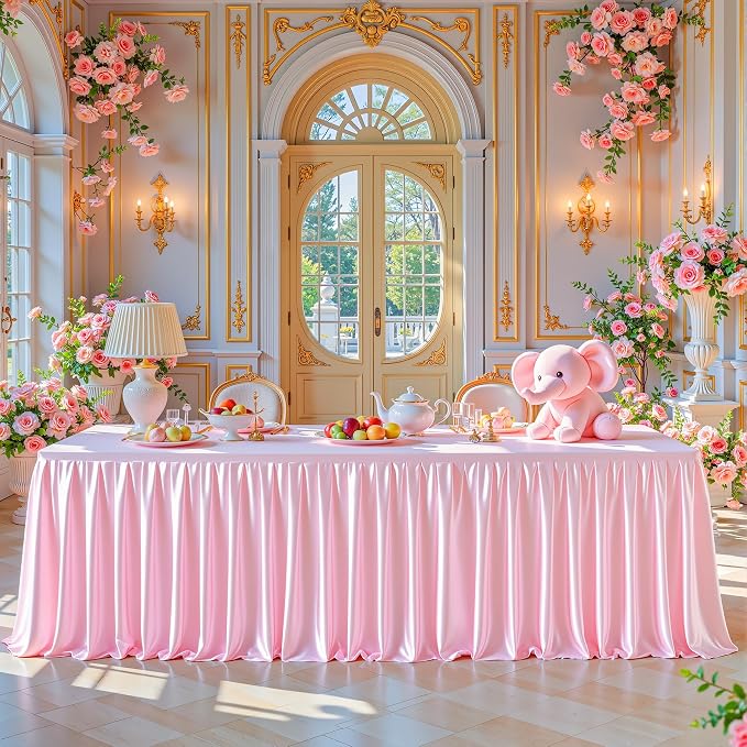 Pink Satin Tablecloths Rectangle 6FT, Glitter Spandex Fitted Stretch Table Covers Wrinkle-Free Floor Length Shimmer Table Skirt for Weddings Parties Baby Shower Banquets Vendor Events