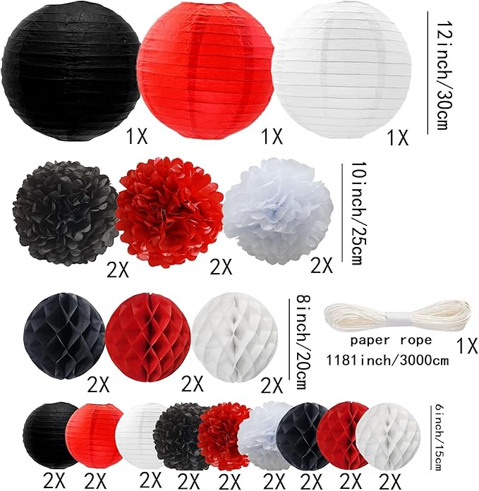 WOLHOWLTD Red Black White Paper Decoration Set - 33 Pcs Paper Lanterns, Pompoms, Honeycomb for Wedding, Valentine's,Bridal Shower,Birthday Party Decoration(red Black White)