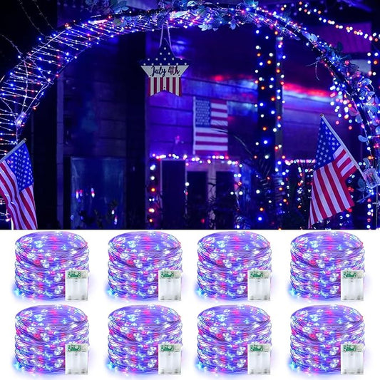 YEGOU 8 Pack Fairy Lights Battery Operated, Each 16ft 50 LED 4th of July Lights, 2 Modes Christmas Lights for Outside Patio Yard Tree Decorations(Red White and Blue)