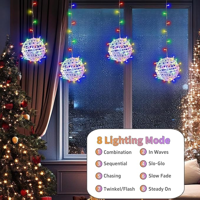 Outdoor Christmas Balls Lights 4 Pack Hanging 7.1" LED Garden Sphere Tree Lights 8 Modes Waterproof Glow Globe Lights with Memory Timer Plug for Yard Porch Eave Patio Home Indoor Decoration-Multicolor