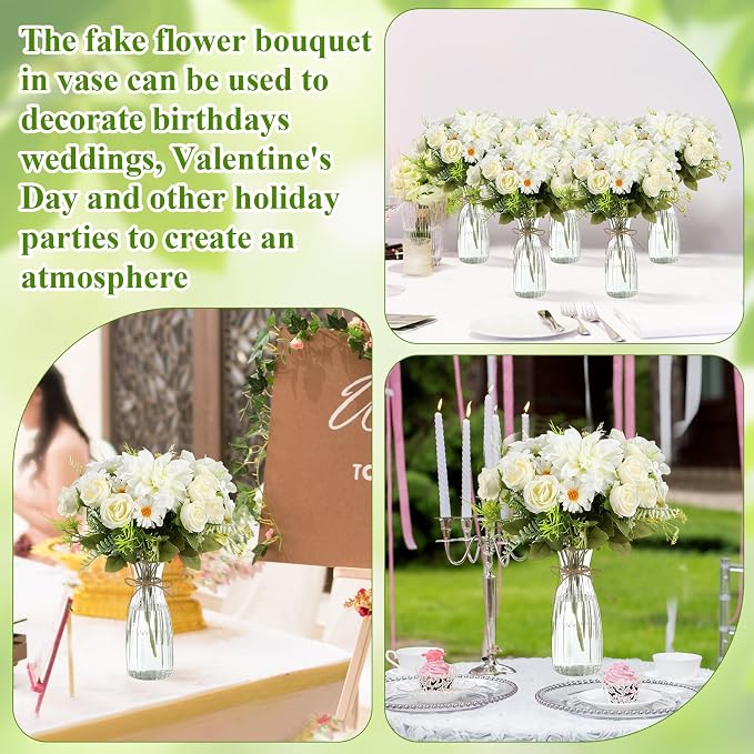 Reallnaive 30 Pack Artificial Flowers Table Centerpieces Decorations with Plastic Vase Wedding Mason Jar 20 Bundles Silk Floral Bouquet 10 Clear Vase with Rope for Party Decor(Dahlia,White)
