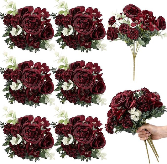 Wavwavw 6 Pcs Artificial Peony Silk Florals Fake Mix Silk Peony Rose Faux Flower Hydrangea Bouquet Elegant Realistic Wedding Floral Centerpiece for Home Party Table Arrangement (Red)