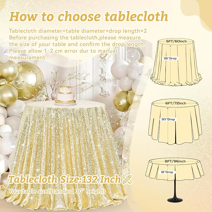 B-COOL Sequin Tablecloth Round Party Decorations: Light Gold Table Cloth Overlay 132 Inch Sparkle Fabric for Birthday Ceremony Parties Graguation