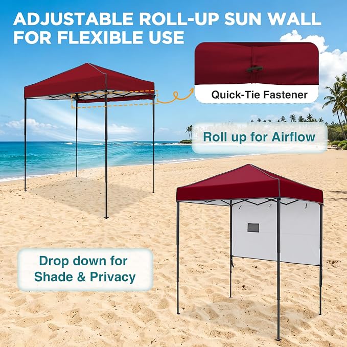 EAGLE PEAK 6x4 Instant Pop Up Canopy Tent with 1 Half Wall Panel, Straight Leg Sun Shelter, Portable Canopy with Carry Bag for Camping, Beach & Sports, Burgundy